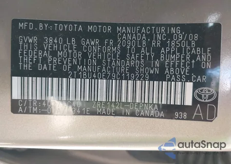 2009 Toyota Corolla Xle z USA, uszkodzony, nr VIN 2T1BU40E79C119229